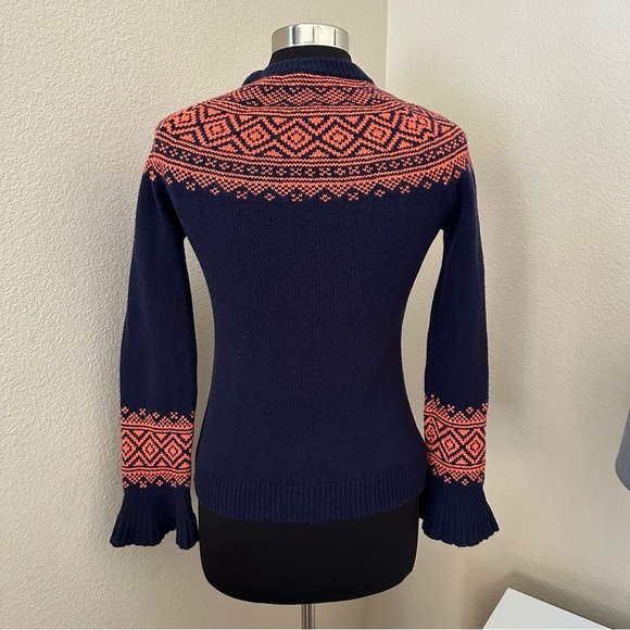 J. Crew Fair Isle Nordic Ruffle Sleeve Orange Navy Merino Wool Sweater Size XS - Picture 9 of 12